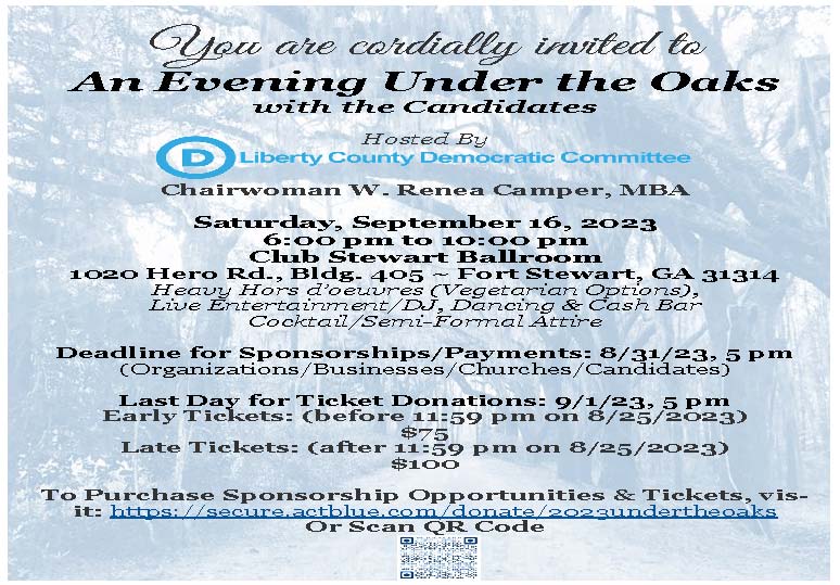 Invitation to the Liberty County Democratic Committee event, "An Evening Under the Oaks" September 16, 2023